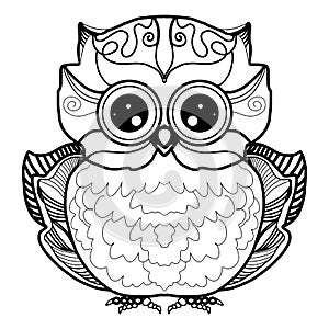 Child owl cartoon bird character line sketch. Hand drawn vector illustration for t-shirt print design, coloring book