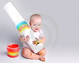 Child artist,baby painter with drawing empty space background.