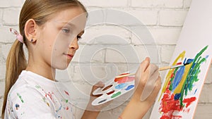 Child Painting on Easel, School Kid in Workshop Class, Young Girl Working Art Craft in Classroom