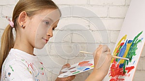 Child Painting on Easel, School Kid in Workshop Class, Young Girl Working Art Craft in Classroom