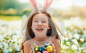 child with painting eggs outdoors