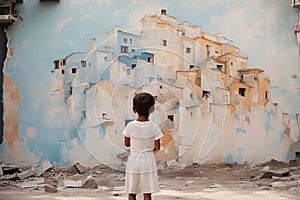 Child painting a mural on the wall of a bombed-out building