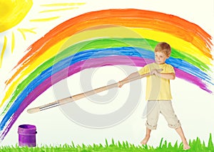 Child Painting Rainbow, Creative Kid Draw Color Art Image, Child