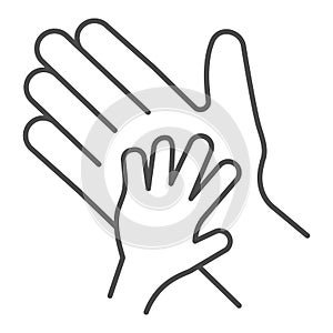 Child palm in adult hand thin line icon, 1st june Children protection day concept, Parent and kid hands sign on white