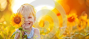 Child peeking behind sunflower in summer field with ample space for text placement