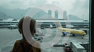 A child peeking through the window at the bustling runway amazed by the planes taking off and landing