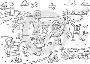 Child and pet in the park cartoon for coloring