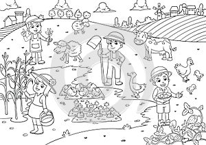 Child and pet in thefarm cartoon for coloring