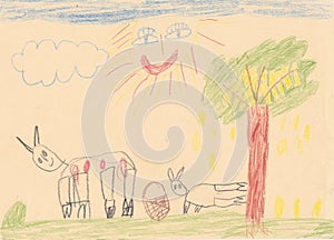 Child picture of 2 animals on the meadow with large smiling sun