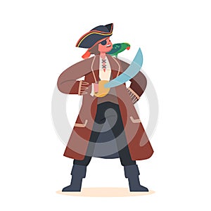 Child Pirate in Corsair Suit, Eye Patch and Saber Stand with Parrot on Shoulder, Funny Kid Isolated on White Background