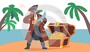 Child Pirate Wear Corsair Suit, Eye Patch and Saber on Secret Island, Funny Kid Rover Character with Parrot on Shoulder