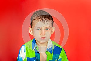 A child in a plaid shirt looks at the camera with disdain. Portrait of a proud and haughty boy on a red background photo