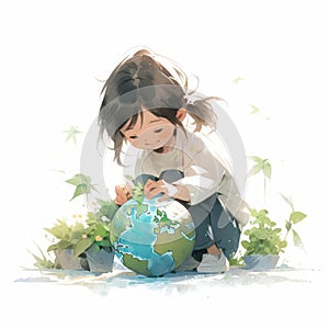 A child planting plants on planet Earth globe