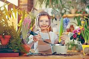Child planting spring flowers. Little girl gardener plants hyacinth. Girl holding hyacinth in flower pot. Child taking