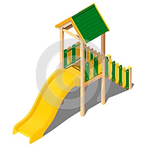 Child plastic yellow - green hill with a roof - house, vector isometric pattern on a white background