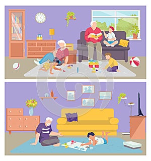 Child play with old grandparent, vector illustration. Senior man woman with happy kid character at home room set