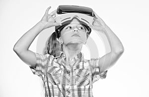 Child play virtual games with modern device. Explore virtual opportunity. Newest kids virtual reality games. Virtual