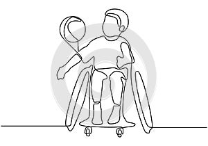 Child playing a ball sitting on wheelchair. Continuous one line drawing of disability kid