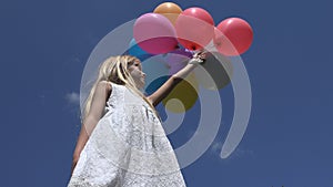 Child Playing Balloons in Park, Girl Portrait Walking Outdoor, Happy Kid Face