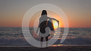 Child Playing Beach Ball in Sunset, Kid Watching Sea Waves, Girl View at Sundown