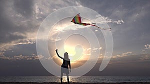 Child Playing on Beach on Seashore, Kid Flying Kite at Sunset on Ocean, Girl on Coastline in Summer Vacation, Sea Waves at Sundown