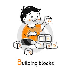 Child playing with building blocks kindergarten illustration in cartoon doodle style. Cute smiling toddler boy playing