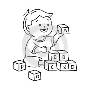 Child playing with building blocks kindergarten illustration in cartoon doodle style. Cute smiling toddler boy playing