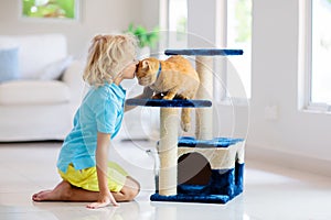 Child playing with cat at home. Kids and pets