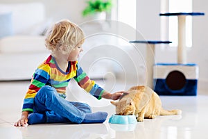 Child playing with cat at home. Kids and pets