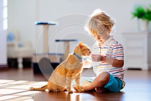 Child playing with cat at home. Kids and pets