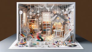 Child playing in a detailed toy-filled room diorama photo