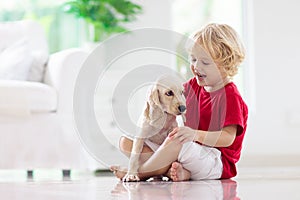 Child playing with dog. Kids play with puppy