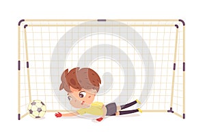 Child playing football or soccer as goalkeeper. Boy missing ball in net vector illustration. Sad little kid playing