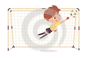 Child playing football or soccer as goalkeeper. Boy missing ball in net vector illustration. Sad little kid playing