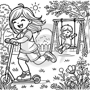 a Child is Playing in the Garden. AI Generated.