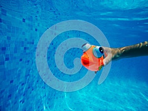 Child playing with generic rubber fish toy in swimming pool