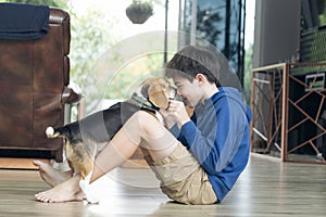 Child Playing With His Pet Dog At Home.