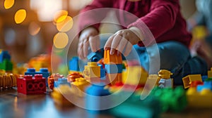 A child playing with a large amount of colorful building blocks, AI