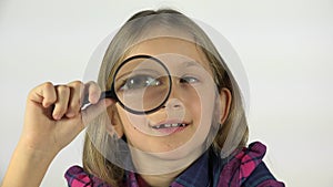 Child Playing with Magnifying Glass, Girl Eyes in Eyeglass, Kid Make Faces 4K