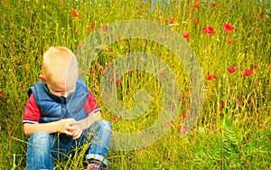 Child playing on meadow examining field flowers