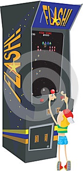 Child playing old arcade machine