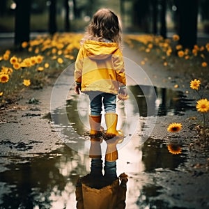 child playing in a puddle with water reflection