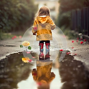 child playing in a puddle with water reflection