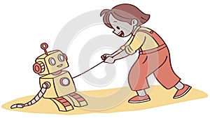 Child Playing with Robot on a String, vector design Generative AI