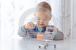 Child playing shopping trolley cart, basket. Shopping, discount, sale concept. Mall shopping. Buy products. Play shop