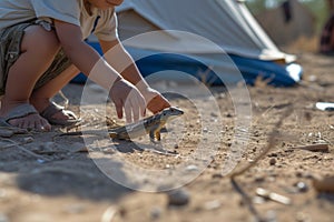 child playing with a small desert lizard near the tents