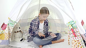 Child Playing Tablet at Playground, Kid in Tent, Girl in Playroom using Device