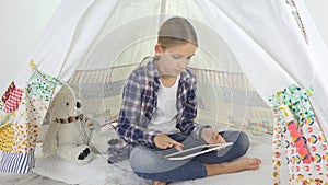 Child Playing Tablet at Playground, Kid in Tent, Girl in Playroom using Device