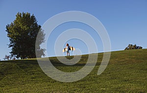 Child playing with toy plane wings in park. Innovation technology and success concept. Kid pilot having fun on grass in