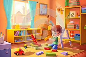 Child playing with toys in room with bookcase and window. Generative AI